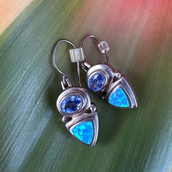 Vintage 1990s Signed Sterling Earrings with Opal and Gemstone Style Stones - Picture 1 of 6